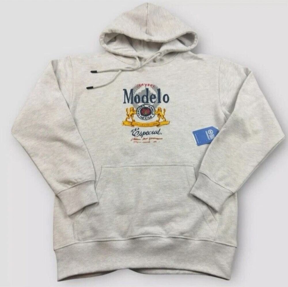 Market Modelo Heather Gray Beer Graphic Print Pullover Hoodie Men's Large NWT